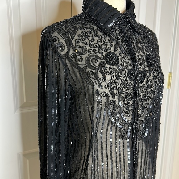 JKara Black Beaded Sequin Button Down Blouse - Picture 2 of 15
